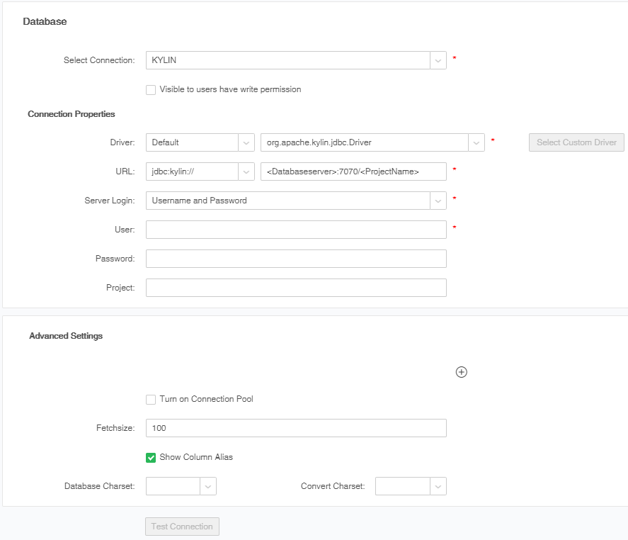 Create Connection > KYLIN Database